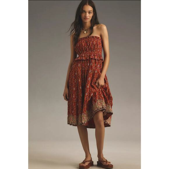 NWT Anthropologie Plenty by Tracy Reese Strapless Smocked Midi Dress $228 LARGE - Picture 1 of 4